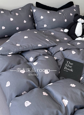 可爱指挥官｜搞怪小幽灵全棉双层纱四件套高级碳灰色纯棉1.8床笠
