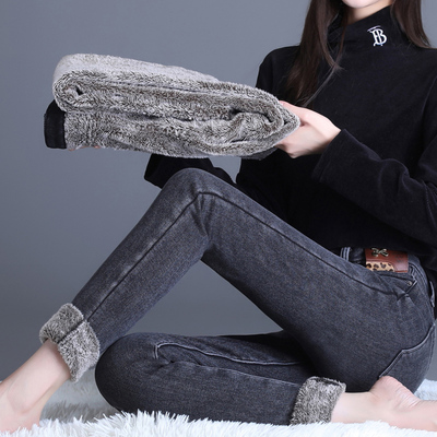 加厚仿羊羔绒牛仔裤女2025冬季新款高腰加绒保暖烟灰小脚铅笔靴裤