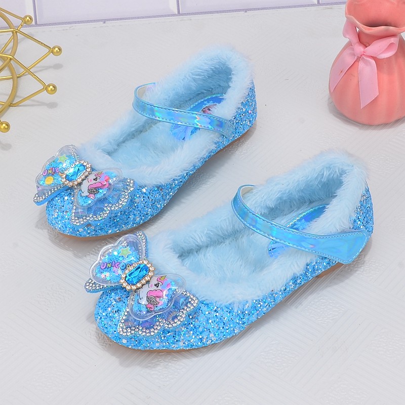 女童艾莎公主水晶鞋软底秋冬加绒保暖毛毛鞋小女孩蓝色蝴蝶结棉鞋