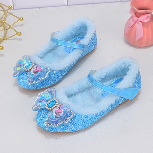 女童艾莎公主水晶鞋软底秋冬加绒保暖毛毛鞋小女孩蓝色蝴蝶结棉鞋