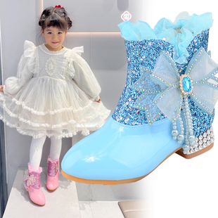 女童蓝色爱莎公主靴小女孩高跟靴时尚加绒保暖冬儿童短靴女童靴子