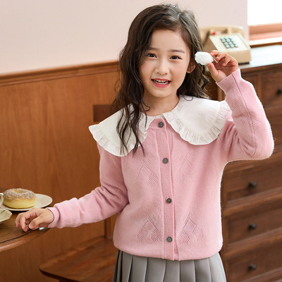 时尚儿童纯羊毛镂空针织衫外套