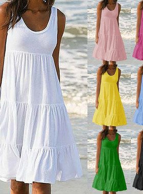 亚马逊速卖通2020夏季新款简约圆领纯色无袖背心裙连衣裙沙滩裙女
