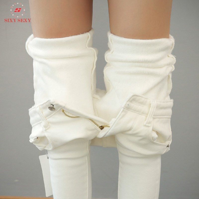 Korean women plus velvet jeans winter white high waist pants