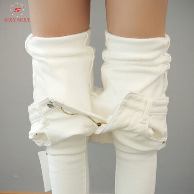 Korean women plus velvet jeans winter white high waist pants