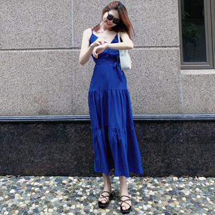 新款 纽扣V领吊带无袖 大码 欧美风街头个性 连衣裙沙滩长裙 女装 夏季