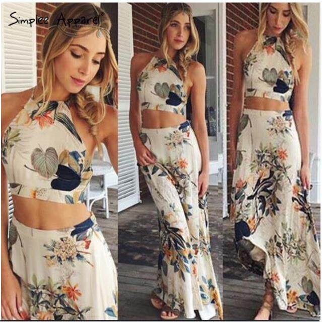 2018夏新品女装欧洲站花色露腰小吊带背心加长短裙套装Vest+skirt