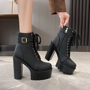 超高跟鞋12cm防水台粗跟短靴女前系带厚底马丁靴秋冬季皮带扣女靴