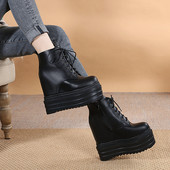 15CM坡跟超高跟短靴小个子厚底皮靴内增高女鞋 秋冬时尚 加绒马丁靴