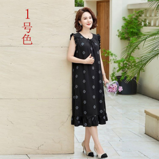 舒适中长款 碎花棉绸连衣裙宽松显瘦大码 妈妈外穿裙 无袖 中老年女装
