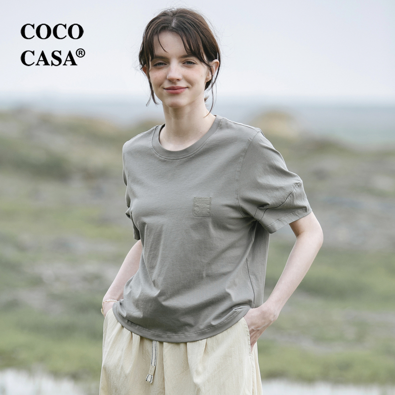 cococasa纯棉设计感正肩短袖t恤女2024夏新款粉色甜辣短款小上衣