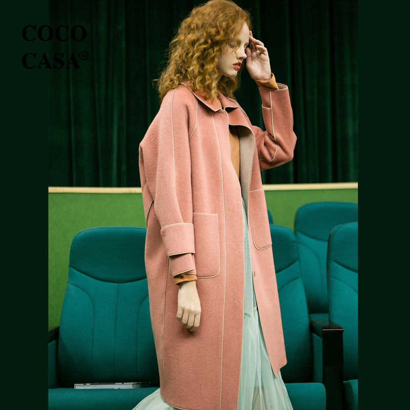 粉色羊毛双面呢大衣女中长款零羊绒2020秋冬妮子欧洲站潮毛呢外套