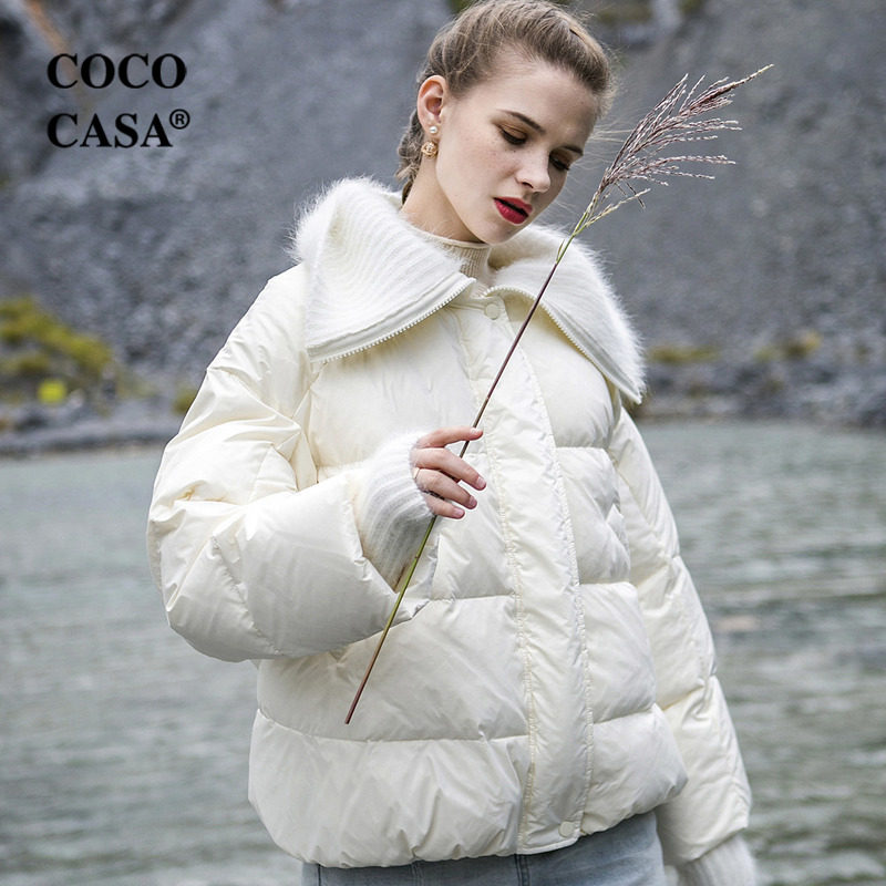 品牌反季清仓兔毛毛线拼接短款羽绒服女茧型韩版中长2019年冬季新