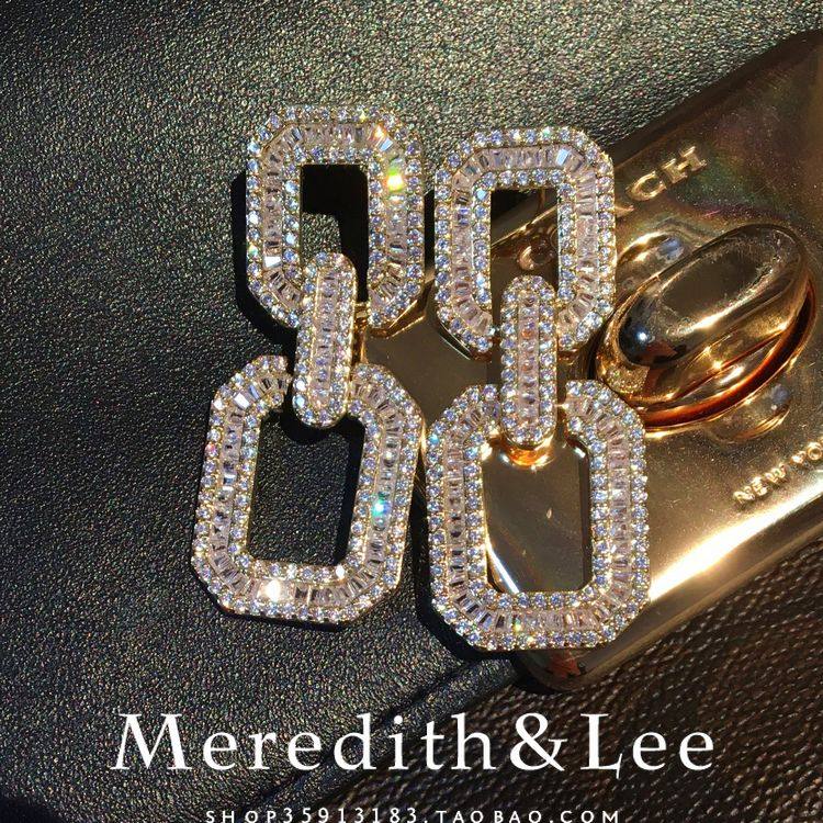 meredith&lee 简约轻奢方形t钻金色时尚百搭满钻气质镶钻锆石耳环