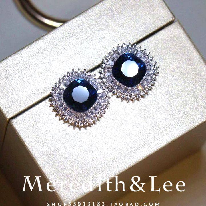 meredith&lee 高级感法式优雅简约方形蓝色镶钻轻奢小众锆石耳环