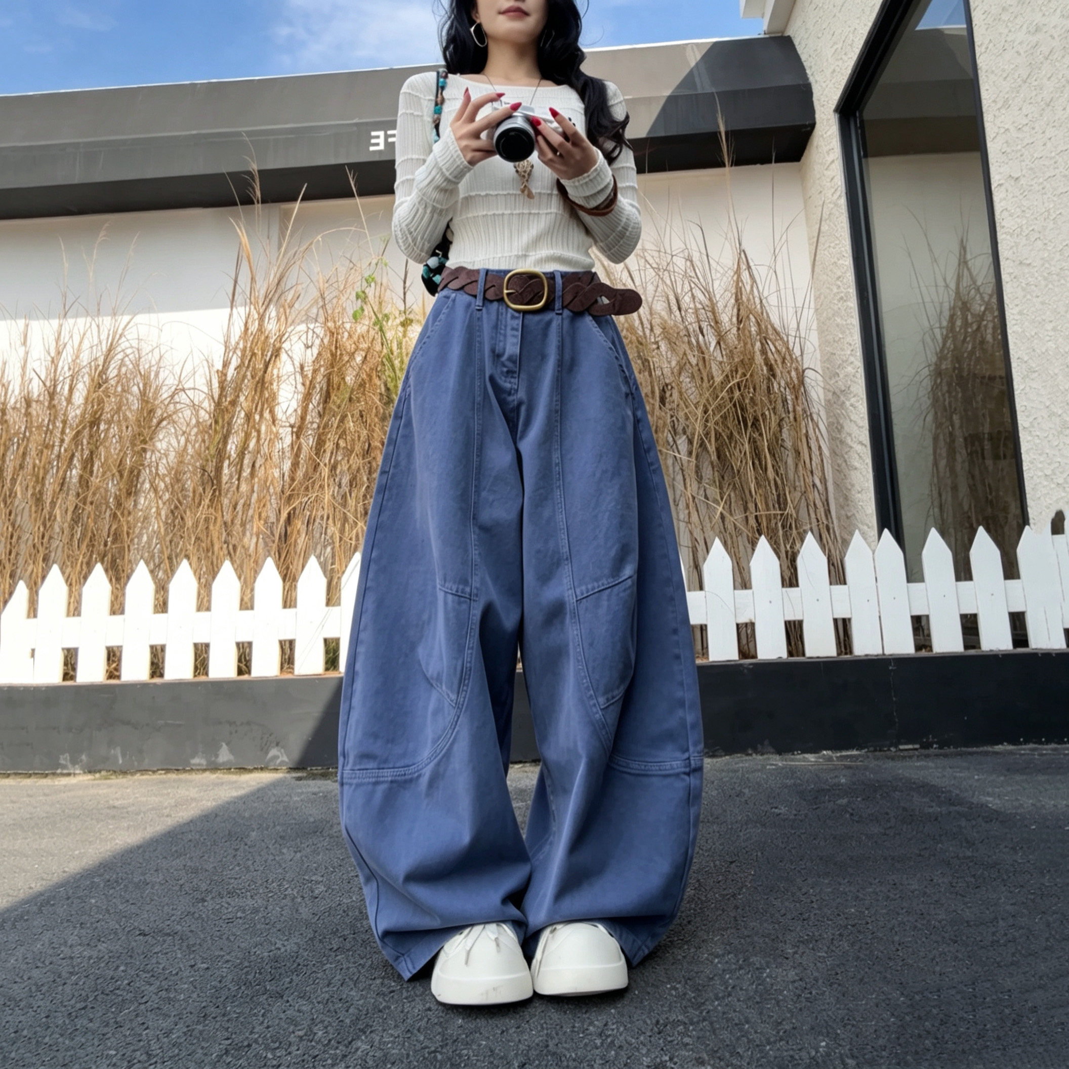 69998美式裁片高腰弯刀牛仔裤2026秋季新款宽松显瘦百搭休闲长裤