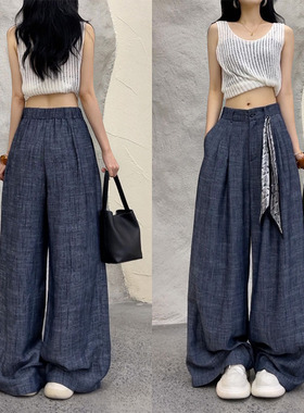（现货）65331麻棉高腰阔腿裤2025年夏季新款配丝巾直筒裤休闲裤