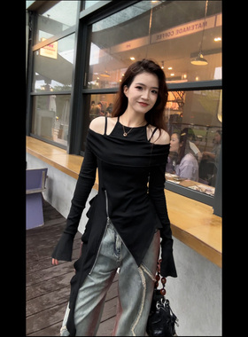 （现货）82210长袖T恤女2025年春装新款弹力修身一字肩性感上衣女