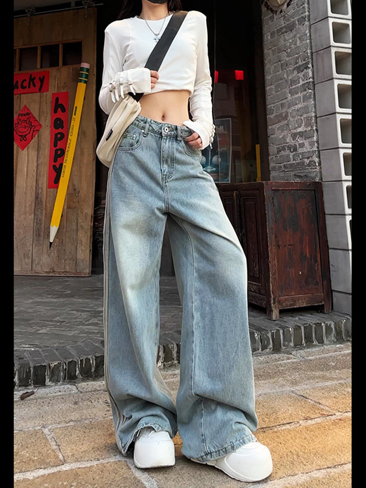 32309 HIGH WAIST JEANS WOMENS SPRING 2025 NEW LOOSE AND THIN AMERICAN SIDE STRIP FLARED MOP PANTS