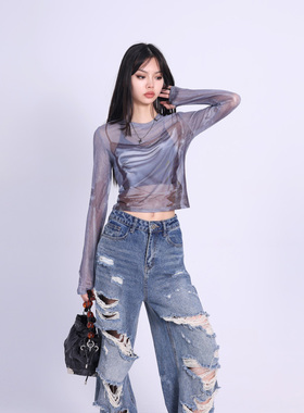 （现货清仓）32116冰丝上衣夏季长袖显瘦修身性感辣妹小众设计感