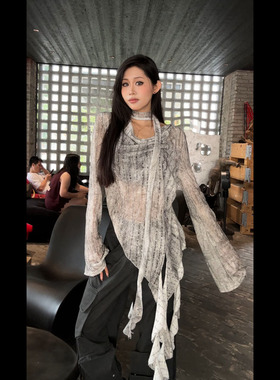 现货 11200不规则针织性感上衣2025春季款宽松慵懒百搭镂空打底衫