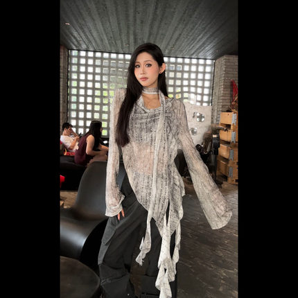 现货 11200不规则针织性感上衣2025春季款宽松慵懒百搭镂空打底衫