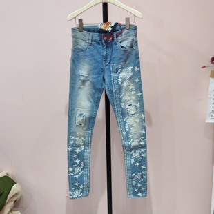 小脚弹力百搭休闲潮流乞丐补丁长裤 痞帅修身 子 女款 破洞刺绣牛仔裤