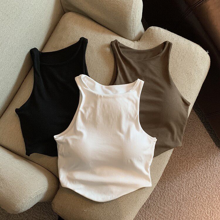 美式纯欲夏季甜辣妹短款无袖带胸垫吊带背心性感美背露脐上衣女