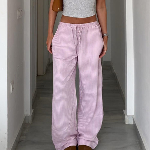 ebay亚马逊欧美跨境基础宽松条纹撞色居家休闲系带直筒长裤2024