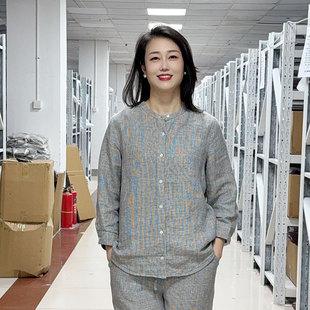出口外贸纯汉麻开衫色织千鸟格衬衣夏季凉爽女七分袖上衣衬衫
