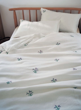 日单外贸田园刺绣纯棉被套单件白色全棉斜纹四季款绣花被罩四件套