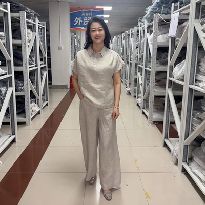 日单新款100%纯汉麻连肩袖上衣翻领带扣套头短袖夏季凉爽透气吸汗