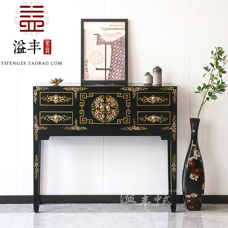 新中式实木玄关台彩绘复古间厅柜做旧手绘平头条案台储物条几边几