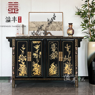 实木手绘玄关柜黑色储物客厅鞋 现代新中式 柜餐边柜复古典酒柜摆设