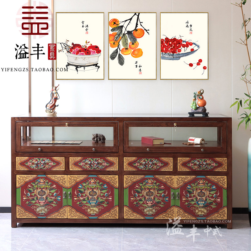 藏式彩绘玻璃展示柜手工描花珠宝柜复古多抽储物柜民族风装饰柜