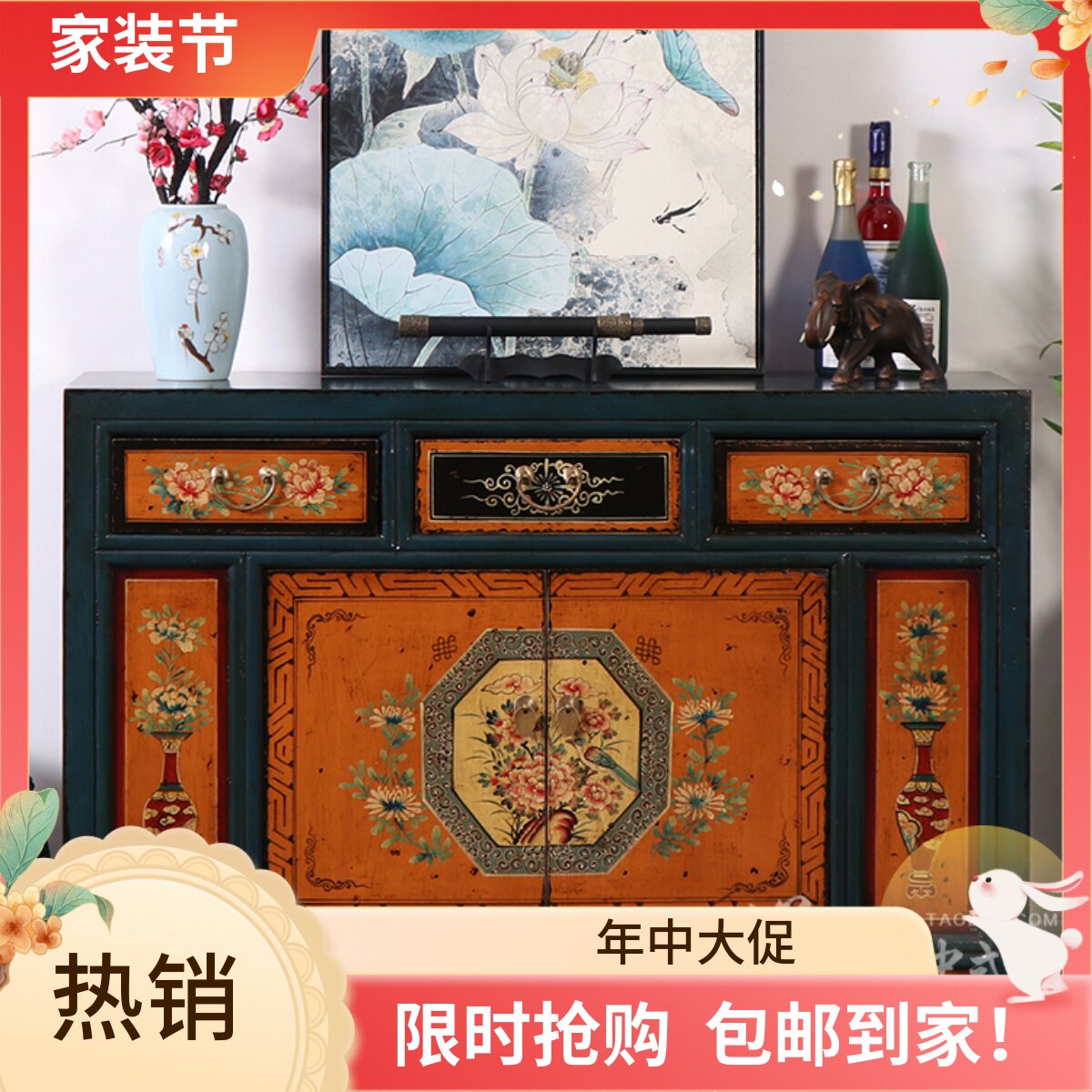 新中式玄关柜明清古典两门鞋柜做旧覆古实木彩绘餐柜手绘装饰柜