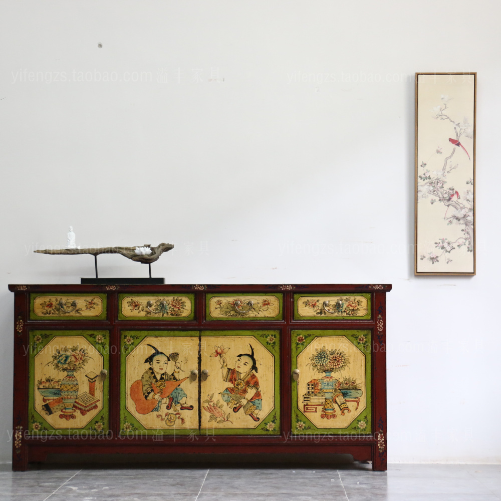 新中式手绘家具混搭装饰柜门厅柜 实木玄关柜 做旧复古茶水餐边柜