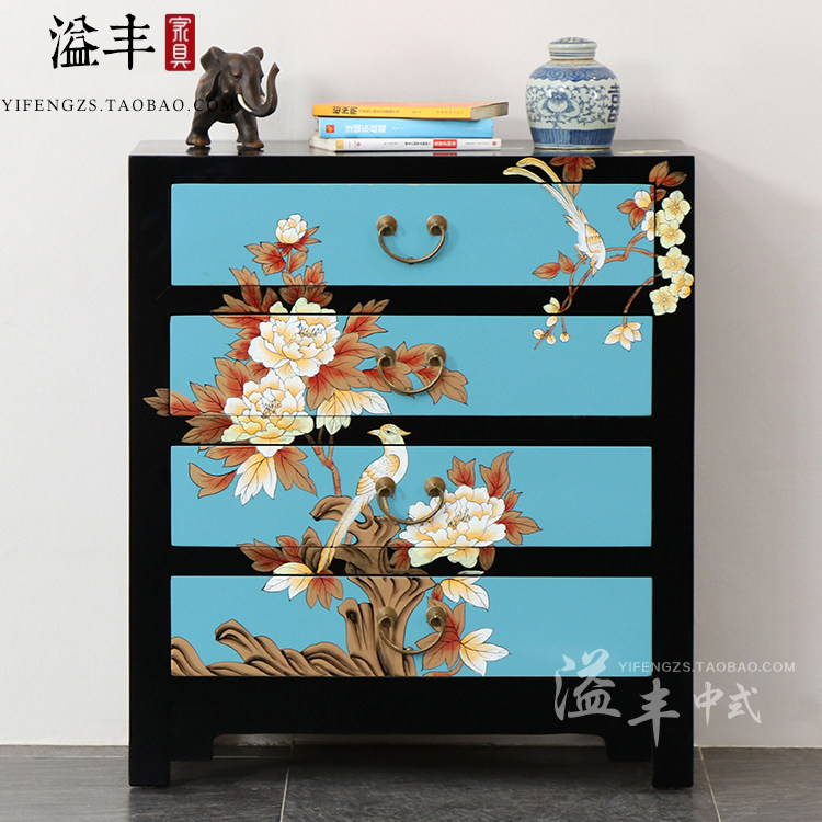新中式彩绘多斗柜轻奢储物柜客厅实木质角柜卧室酒店田园风床头柜