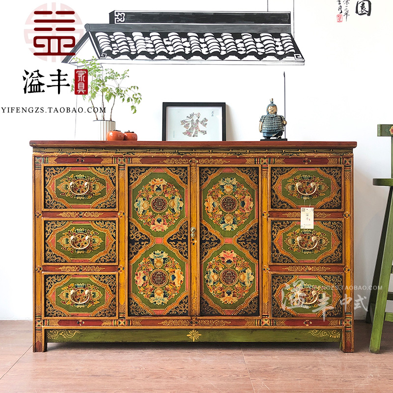 新中式实木鞋柜整体彩绘玄关多斗柜做旧复古典手绘餐边柜客厅装饰