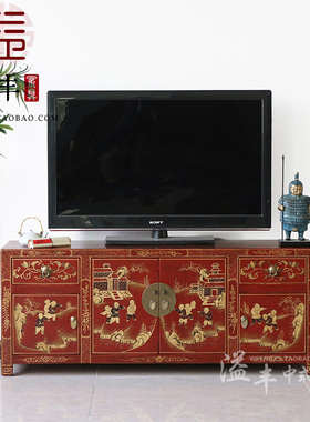 新中式仿古典家具实木红色彩绘电视机柜子手绘描金落地柜矮柜边柜