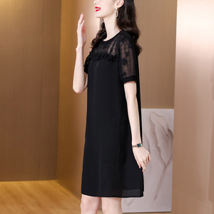 RM6411#黑色短袖连衣裙女夏季 中年妈妈气质显瘦大码宽松雪纺裙子