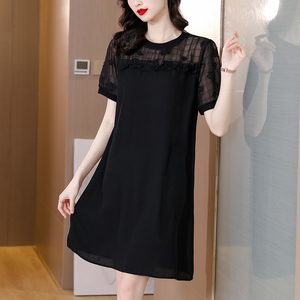 RM6411#黑色短袖连衣裙女夏季 中年妈妈气质显瘦大码宽松雪纺裙子