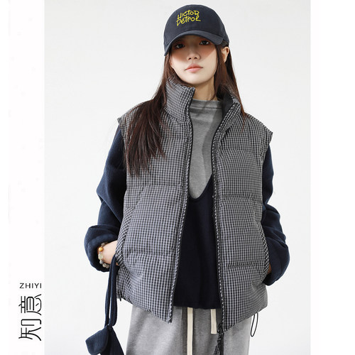 复古格纹立领加厚95白鸭绒马甲