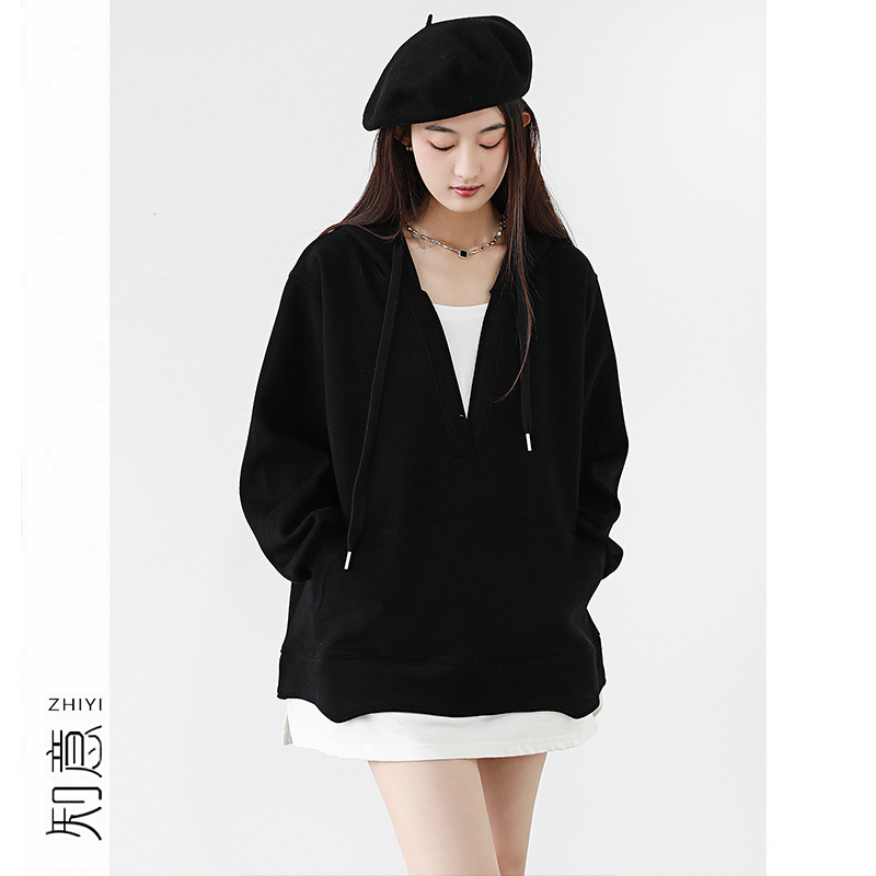 松弛感V领假两件连帽卫衣外套秋