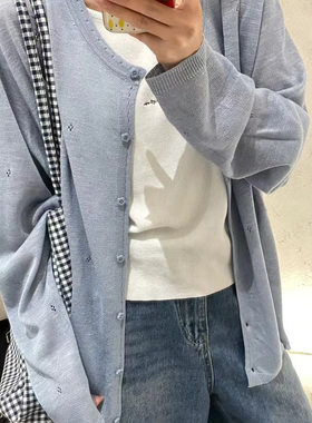 大7女夏季新款彩色韩版宽松大码胖mm休闲慵懒风薄款针织防晒外套
