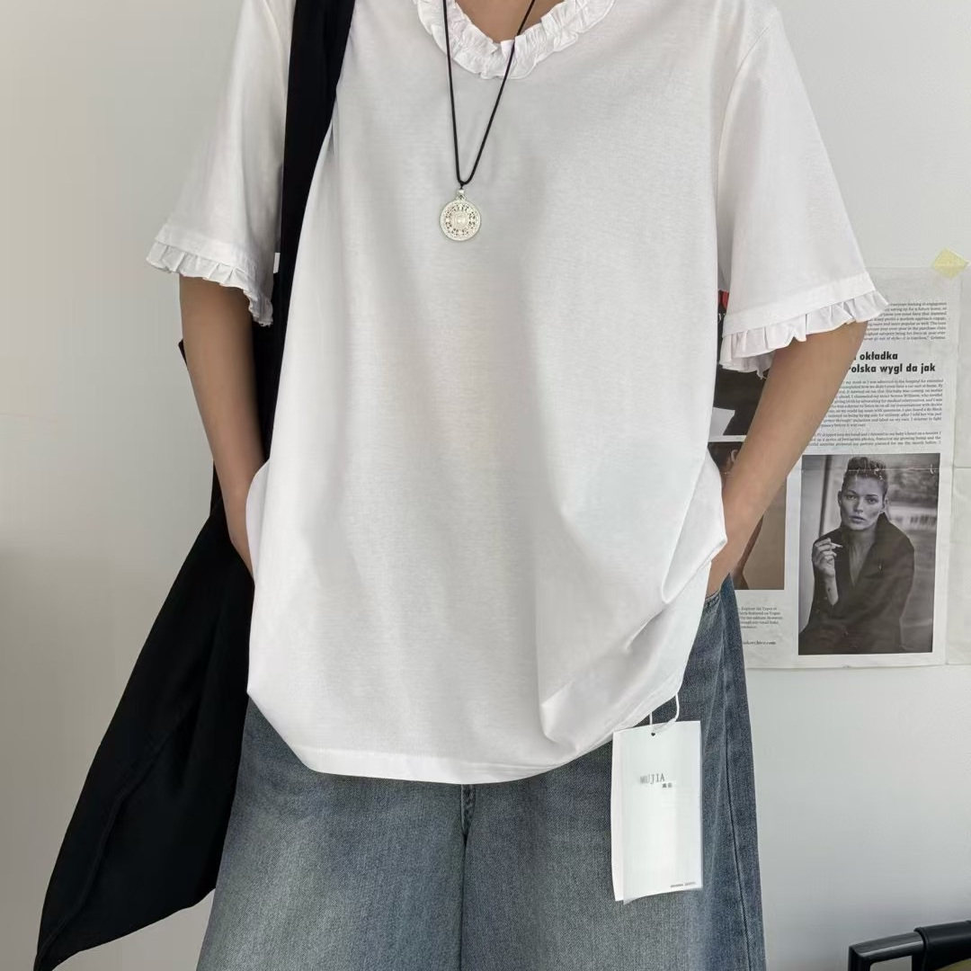 幕茄夏女胖mm中长款韩版宽松大码休闲慵懒风花边V领短袖T恤上衣潮