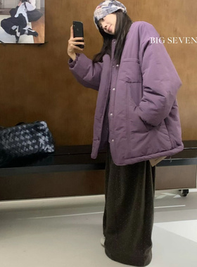 大7女装32605冬无领宽松大码胖mm慵懒松弛风百搭圆领纯色棉服外套