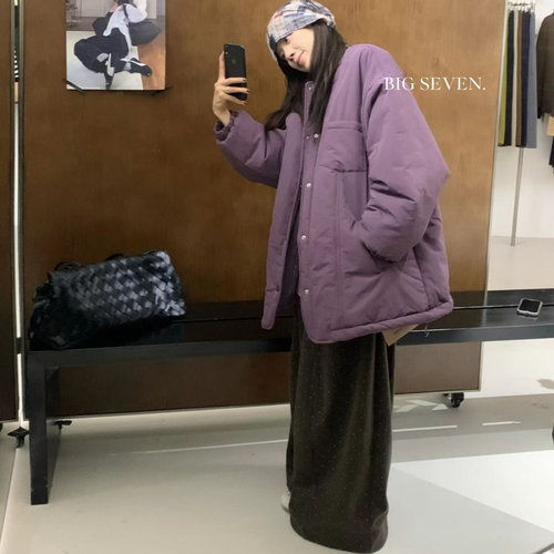 大7女装32605冬无领宽松大码胖mm慵懒松弛风百搭圆领纯色棉服外套