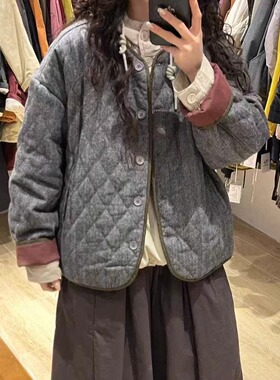 WE女装453154冬复古宽松大码胖mm慵懒休闲风圆领撞色菱格棉服外套