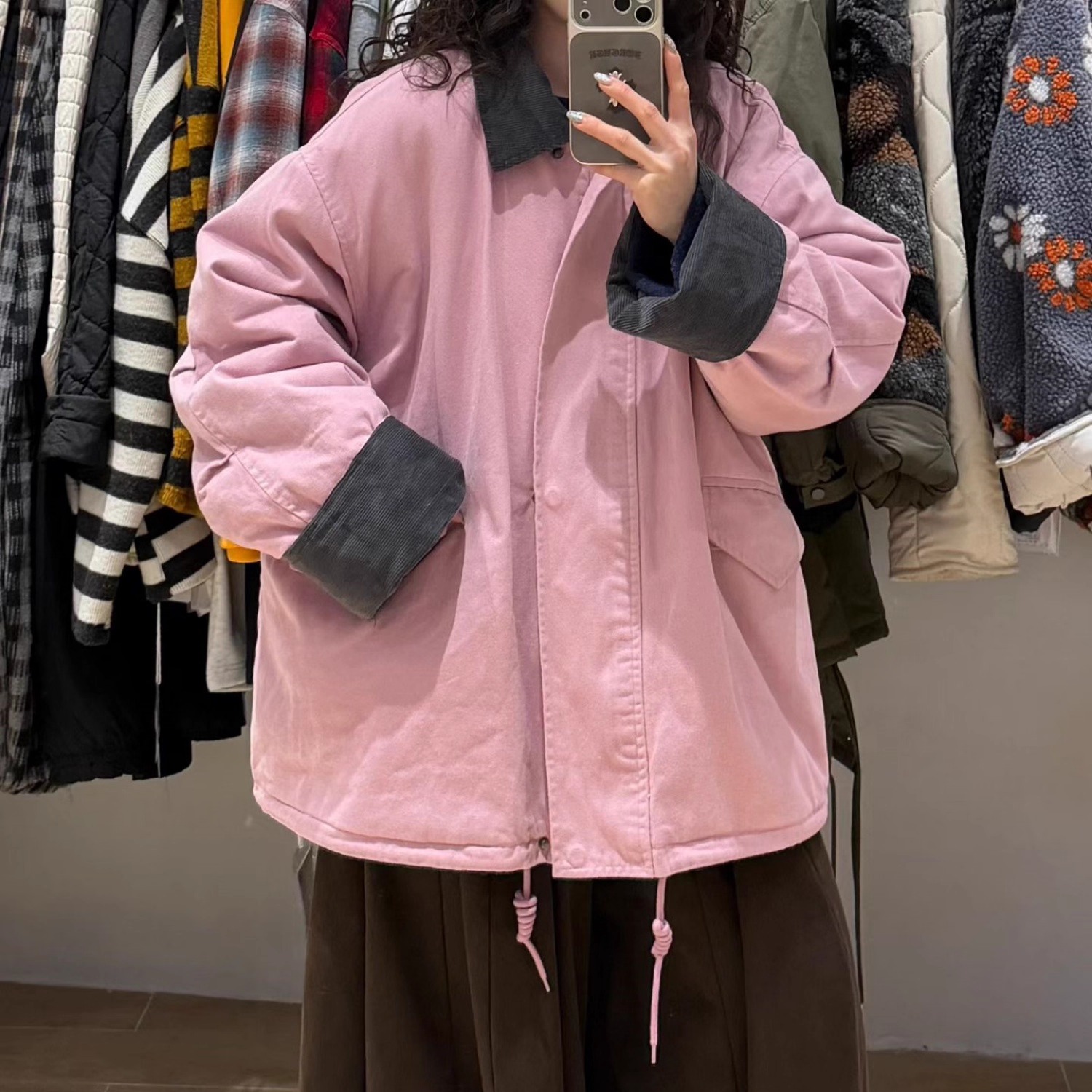 WE女454108冬季新品宽松大码胖mm慵懒风加厚翻领羊羔毛绒内里外套